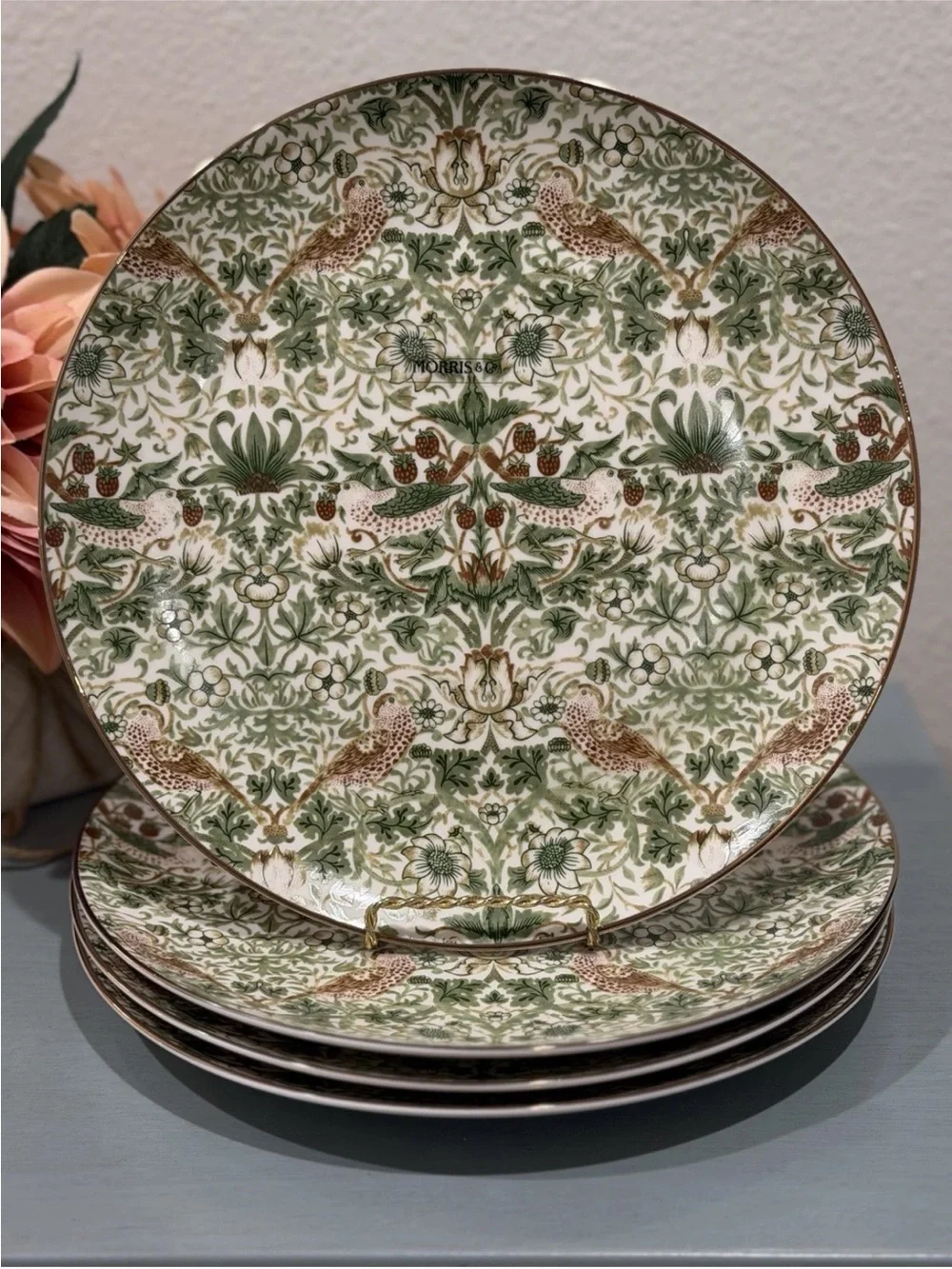 Set of 4 Morris & Co. Strawberry Thief Dinner Plates with Gold Rim/NEW